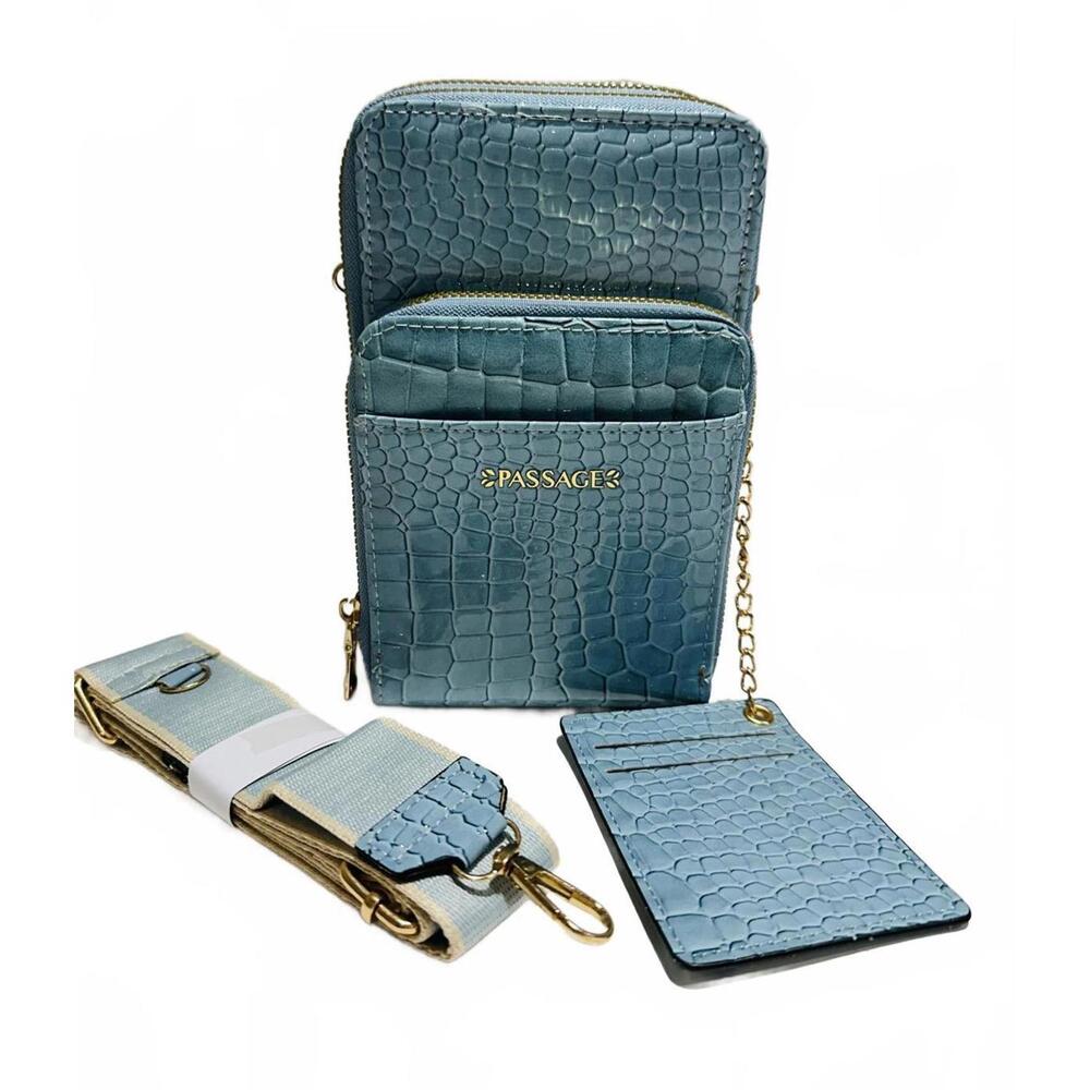 Passage Blue Croc-Embossed Faux Leather Crossbody Bag w Card Holder & Adj Strap